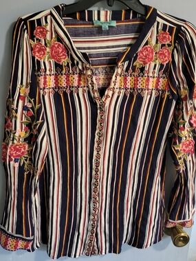 April Sky Embroidered Navy Striped Button-Front Blouse Size Small Pink Floral